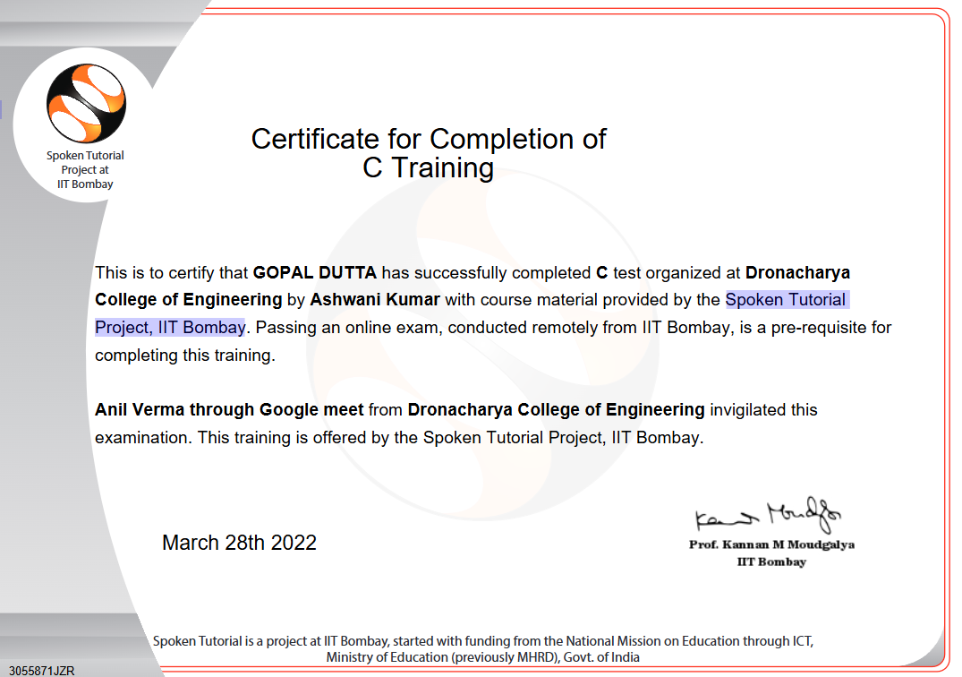 C Training Certificate Preview
