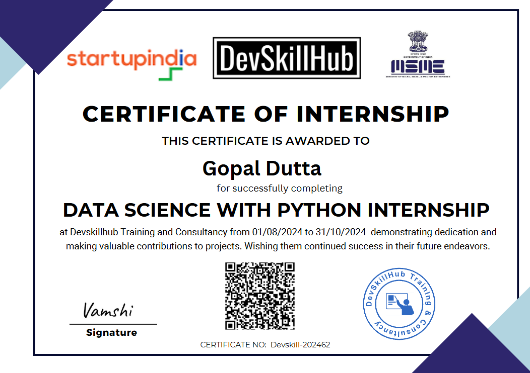 Data Science Internship Certificate Preview