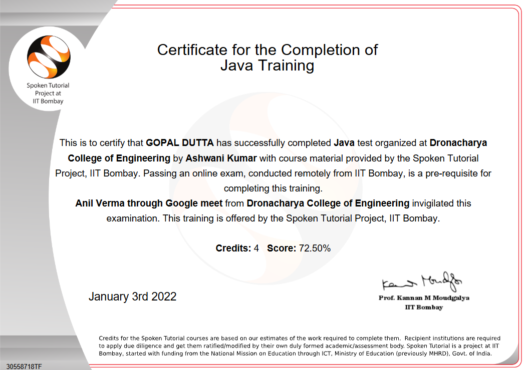 Java Training Certificate Preview