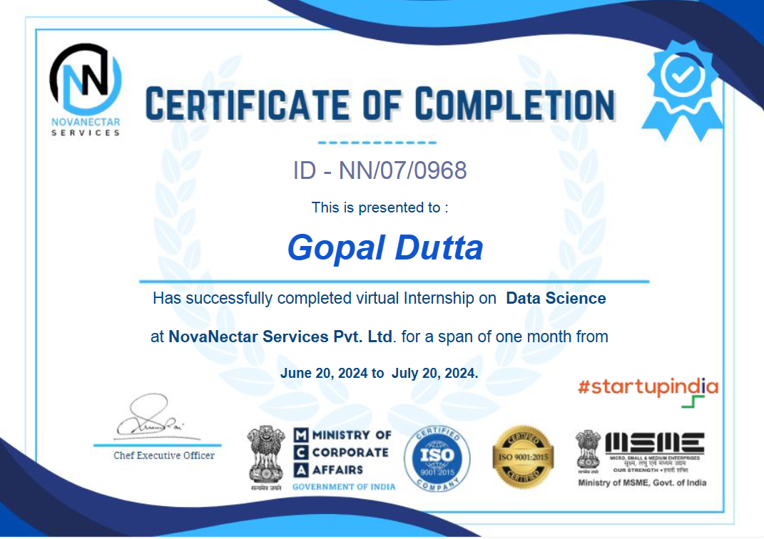 Data Science Internship Certificate Preview